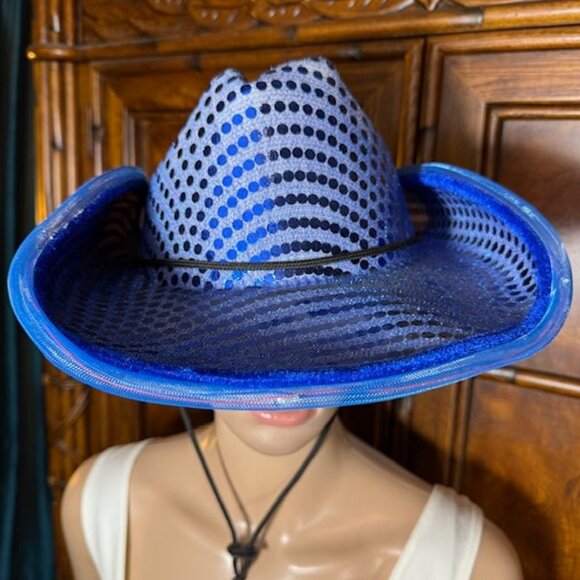 Light Up Royal Blue Sequin Felt Western Hat with Adjustable Chin Strap - Picture 8 of 12